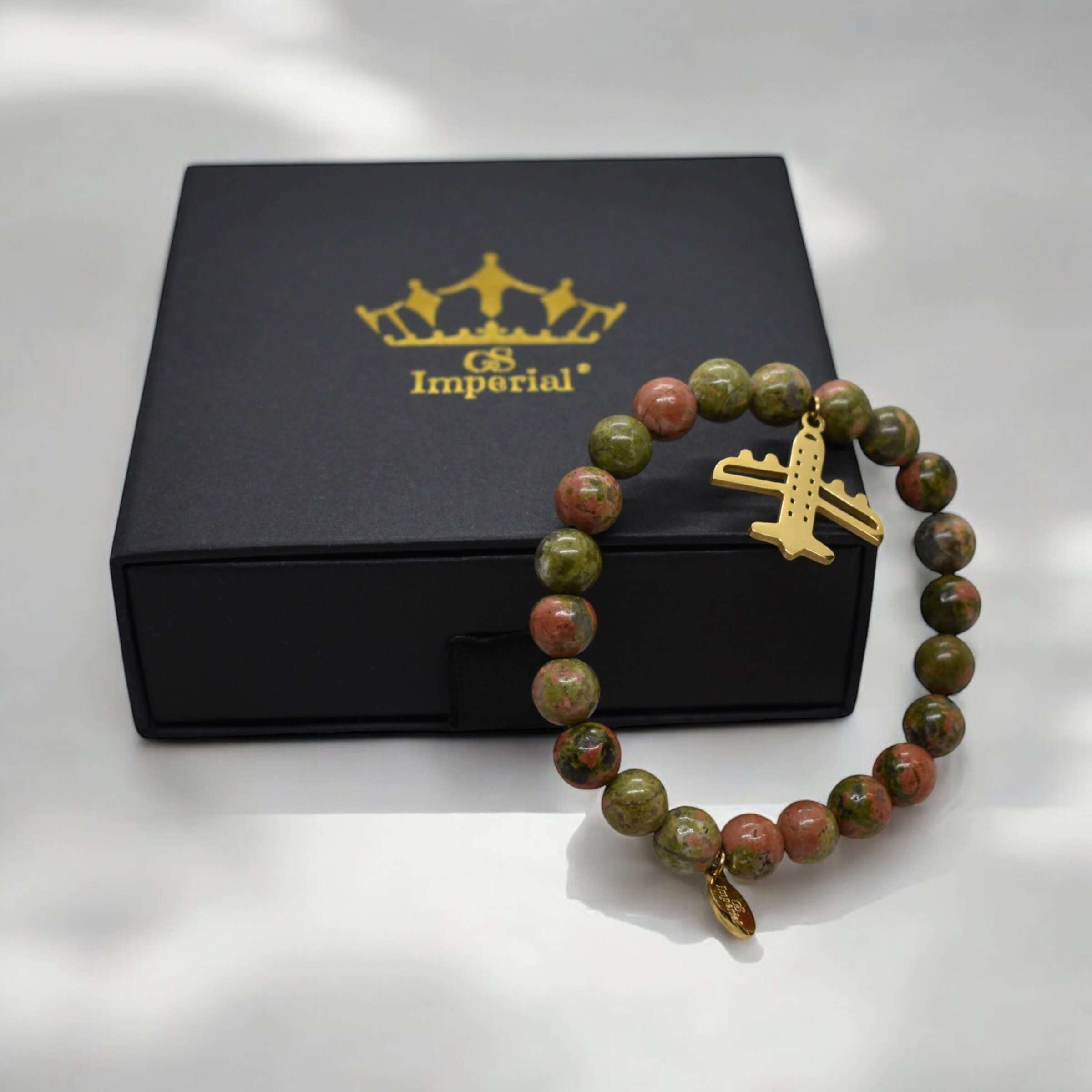 Mooie Armband Met Unakite Kralen En Gouden Vliegtuig Bedel